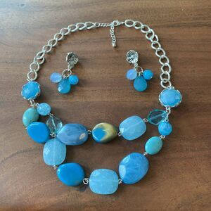 Silver necklace & pierced earrings set blue beads